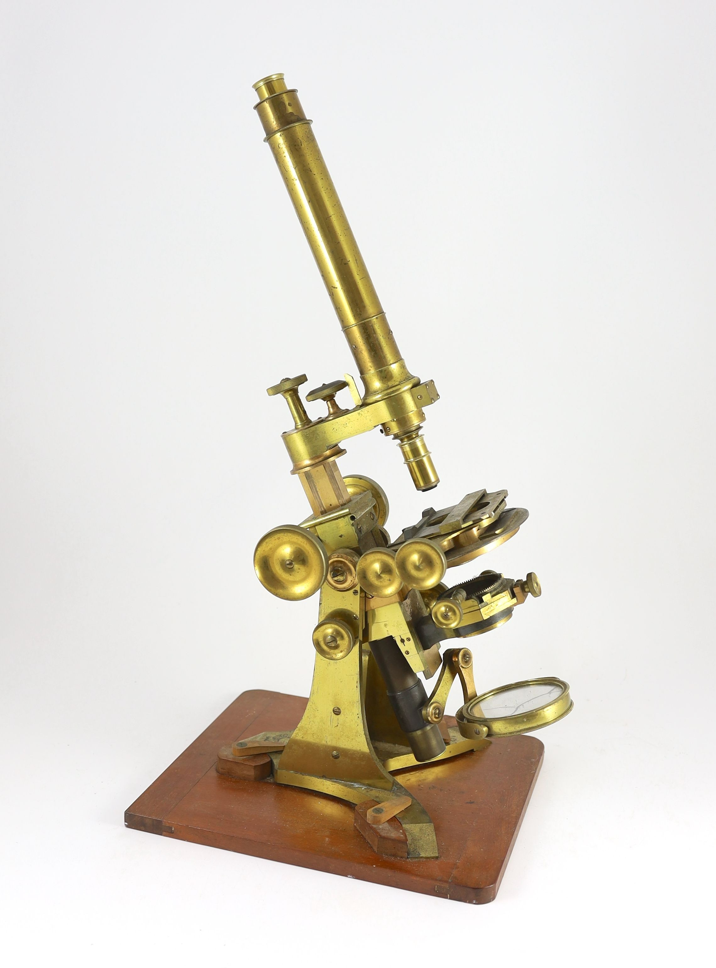 A good Victorian lacquered brass monocular microscope, originally owned by civil engineer Charles Neate (1821-1911), microscope height 59cm